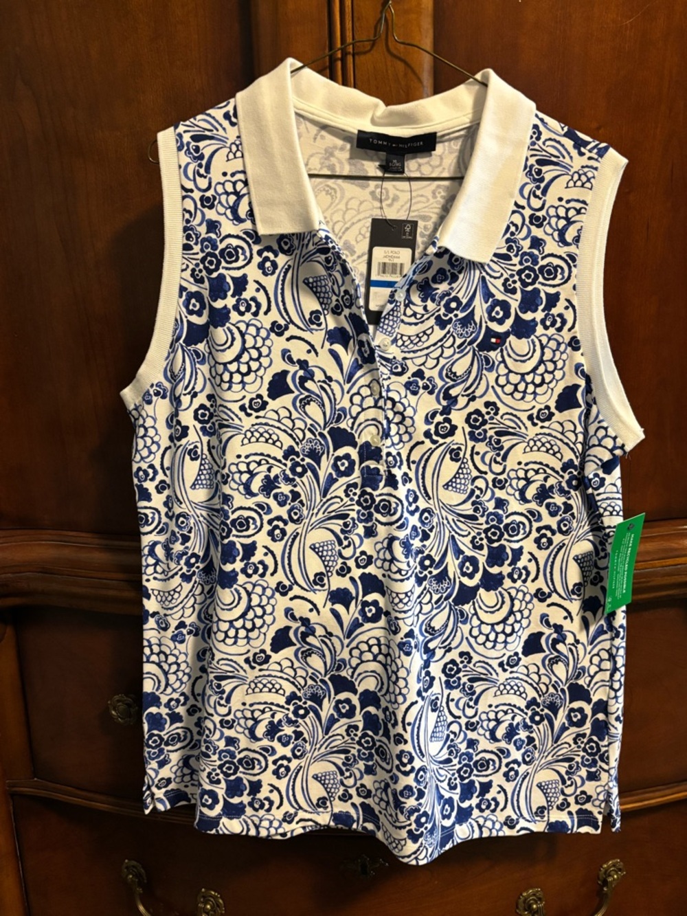 Tommy Hilfiger White & Blue Floral Sleeveless Polo Shirt